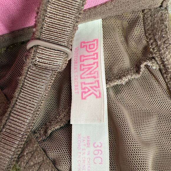 Victoria’s Secret PINK Lace Push Up Bra 36C Brown Floral Racerback Sexy Cute - Picture 6 of 7